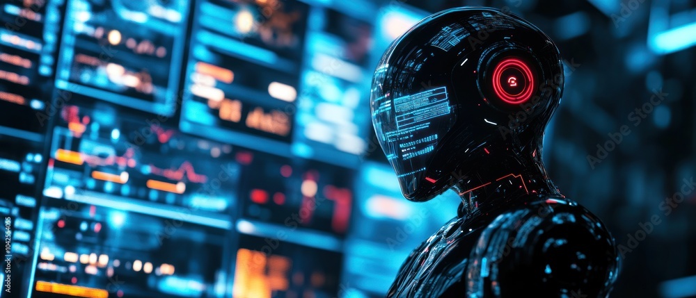 A futuristic robot with a digital interface, surrounded by data screens and graphics. A futuristic robot with a digital interface, surrounded by data screens and graphics.