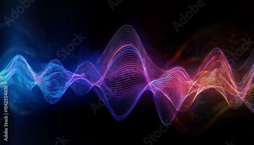 Psychedelic, neon-hued sinus wave with vibrant particles on a blue gradient, ethereal and dynamic design. Blue gradient background