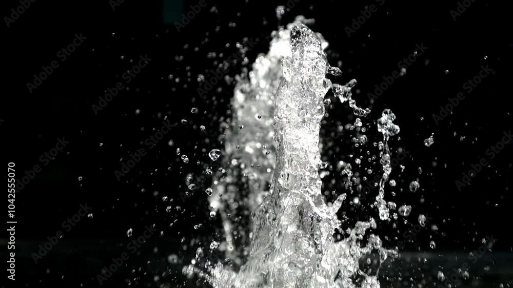 Water splashes from a fountain against a black background create a striking contrast, highlighting dynamism and freshness. An ideal image for design, web development, and decor. Water splashes from a fountain against a black background create a striking contrast, highlighting dynamism and freshness. An ideal image for design, web development, and decor.