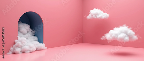 A playful arrangement features fluffy white clouds near a blue arch doorway, all set against a soft pink wall and a bright yellow floor, creating a fun, imaginative atmosphere. A whimsical cloud scene