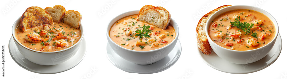 Bowls of creamy tomato soup with bread slices isolated on transparent PNG background perfect for food packaging or meal illustrations Bowls of creamy tomato soup with bread slices isolated on transparent PNG background perfect for food packaging or meal illustrations