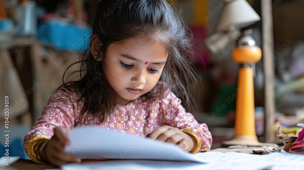 Young Girl Studying at Home with Focused Expression
