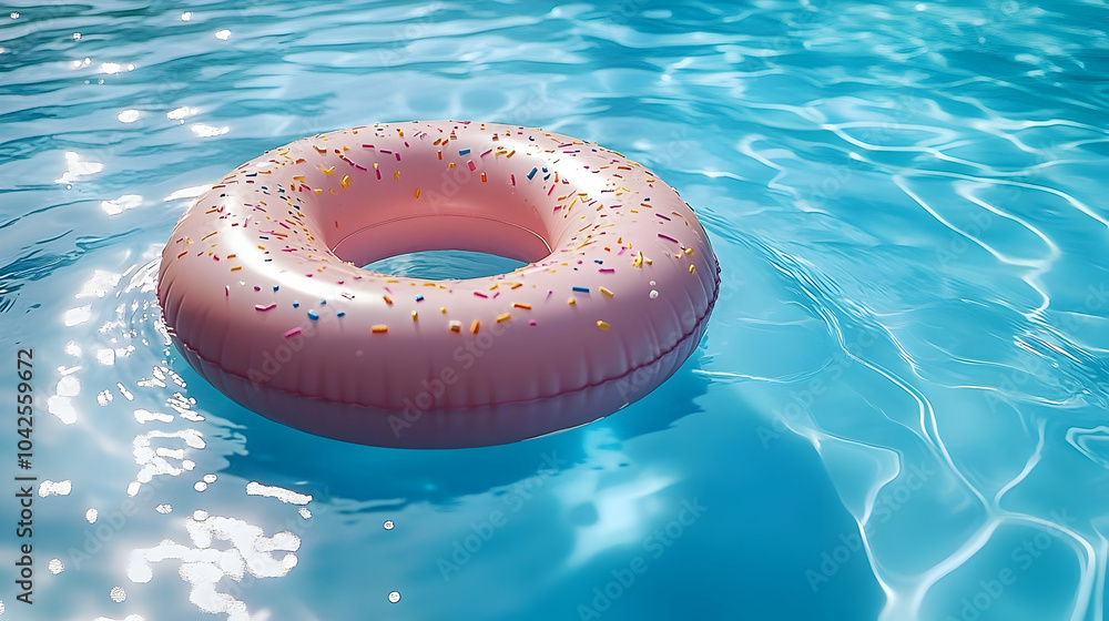 A pink donut-shaped float in a clear blue swimming pool. A pink donut-shaped float in a clear blue swimming pool.