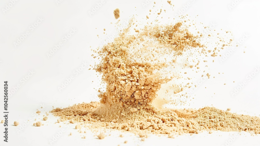 Sand falling on a white background - a delicate and captivating sight. This image shows sand gracefully falling against a pure white backdrop, creating an atmosphere of tranquility and simplicity. Sand falling on a white background - a delicate and captivating sight. This image shows sand gracefully falling against a pure white backdrop, creating an atmosphere of tranquility and simplicity.