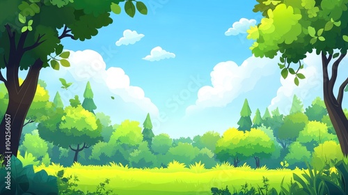 Fototapeta Naklejka Na Ścianę i Meble -  Lush Green Forest with Blue Sky and White Clouds