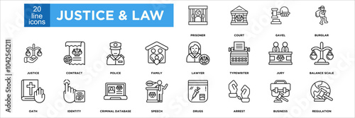 justice & law icon collection set. Containing design prisoner, court, gavel, burglar, justice