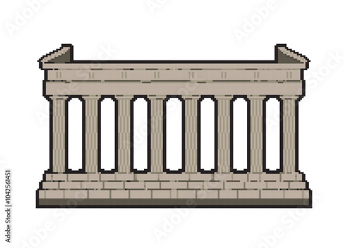 ギリシャのアクロポリス、パルテノン神殿のピクセルアートのイラスト　世界遺産、観光名所　白背景