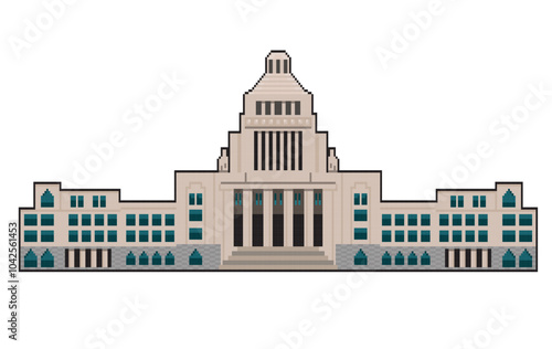 日本の国会議事堂のピクセルアートのイラスト　立法府　ベクターデータ　白背景