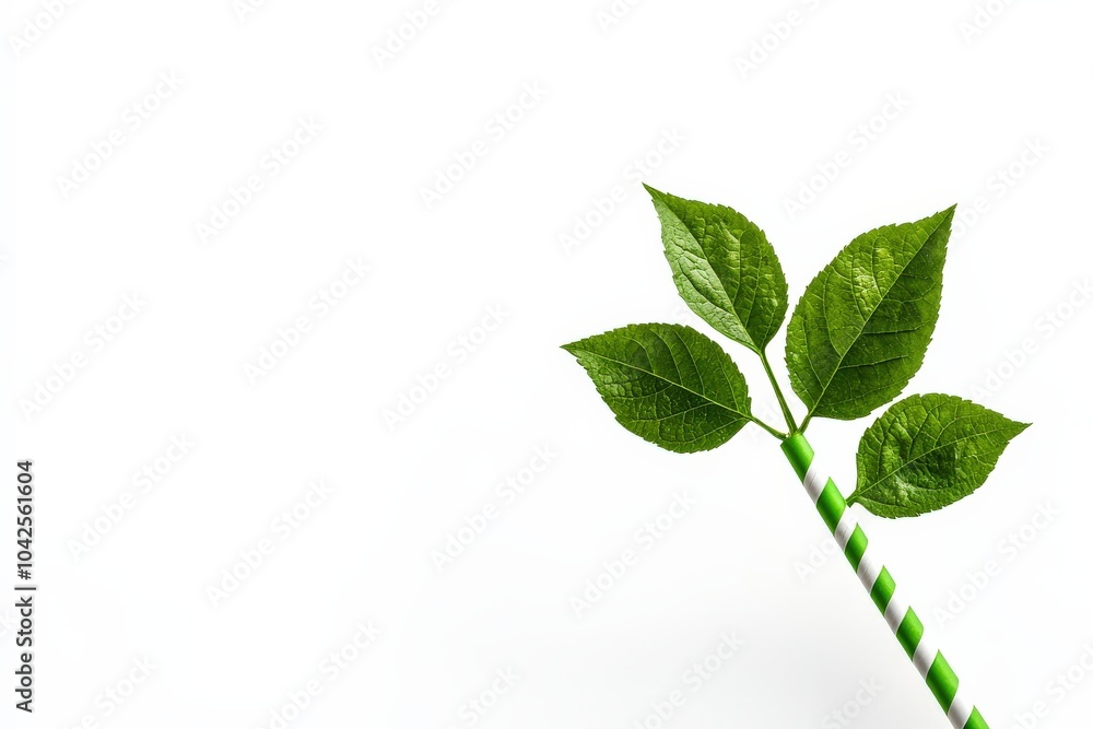 Fresh green leaves on a straw, white isolated background. Fresh green leaves on a straw, white isolated background.