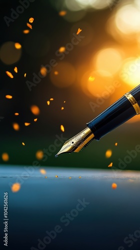 Fountain pen writing with golden light bokeh in the background, artistic close-up.