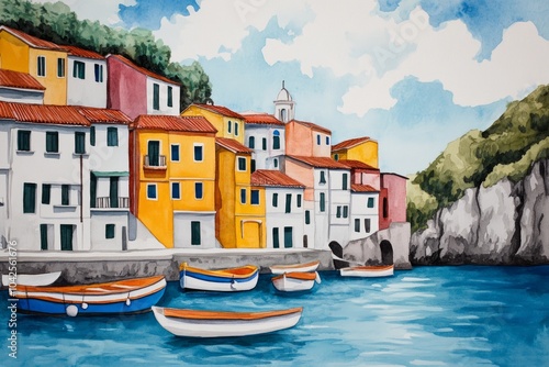 A vibrant coastal scene with colorful houses and boats on the water.