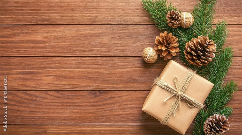 Fototapeta premium Rustic Gift-Wrapping Setup with Brown Paper, Twine, Pinecones, and Greenery on Wooden Table