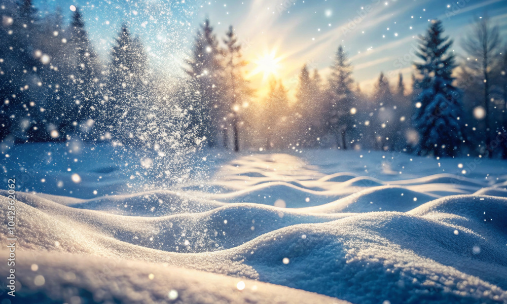 Snowy landscape in the light of the setting sun Snowy landscape in the light of the setting sun