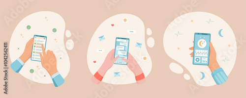 Smartphone and mobile phone cartoon set showing app screen with chat and message. Hands hold devices for online social media interaction, concept of digital communication and technology.
