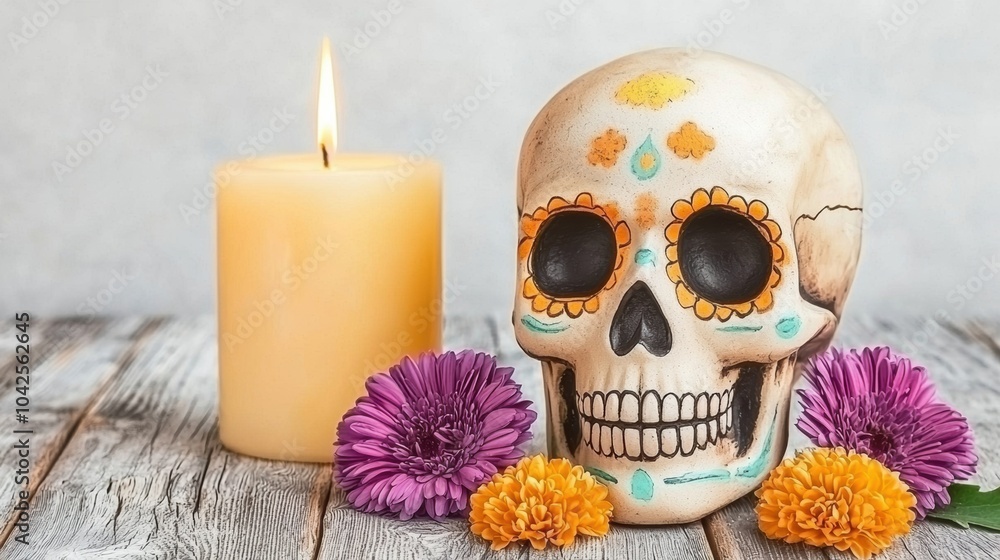 Vibrant Floral Skull Candle Arrangement for Dia de los Muertos Vibrant Floral Skull Candle Arrangement for Dia de los Muertos