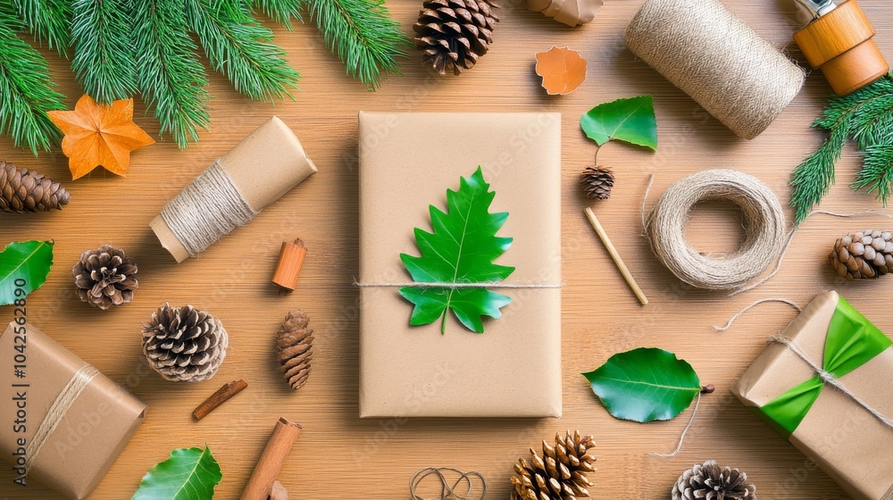 Rustic Gift-Wrapping Station with Brown Paper, Twine, Pinecones, and Green Leaves on Wooden Surface Rustic Gift-Wrapping Station with Brown Paper, Twine, Pinecones, and Green Leaves on Wooden Surface