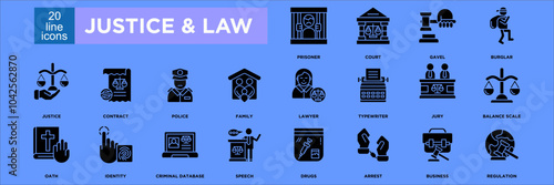 justice & law icon collection set. Containing design prisoner, court, gavel, burglar, justice