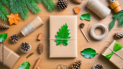 Wallpaper Mural Rustic Gift-Wrapping Station with Brown Paper, Twine, Pinecones, and Green Leaves on Wooden Surface Torontodigital.ca