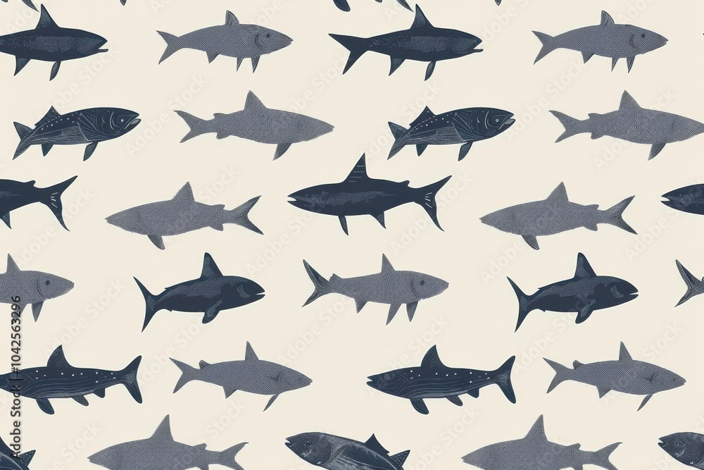 Geometric composition of fish shapes in a repeating minimalist pattern Geometric composition of fish shapes in a repeating minimalist pattern
