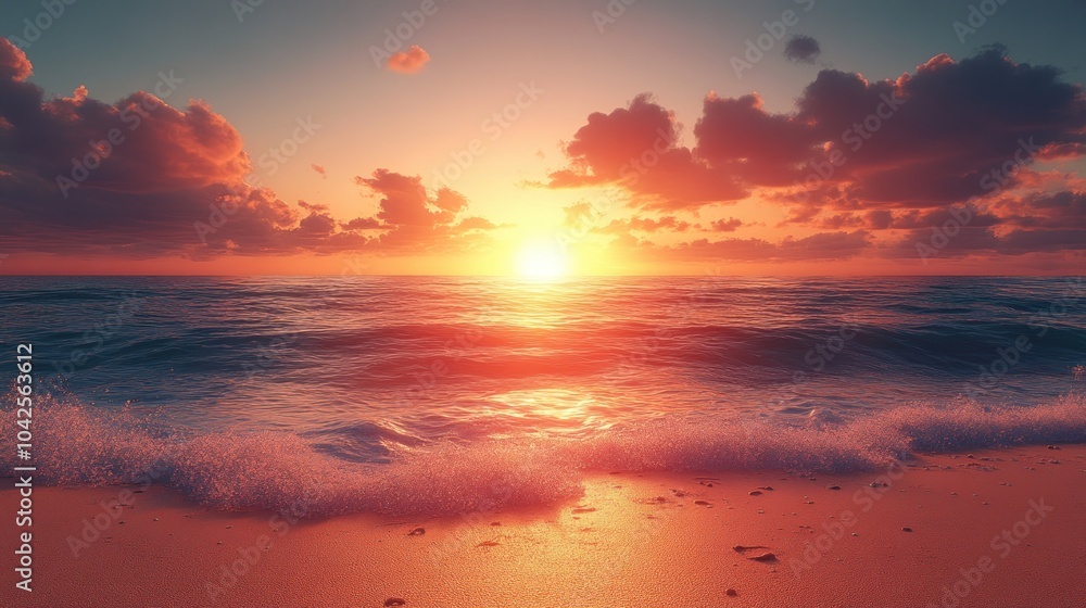 Fototapeta premium Serene sunset over ocean waves, creating a peaceful atmosphere.