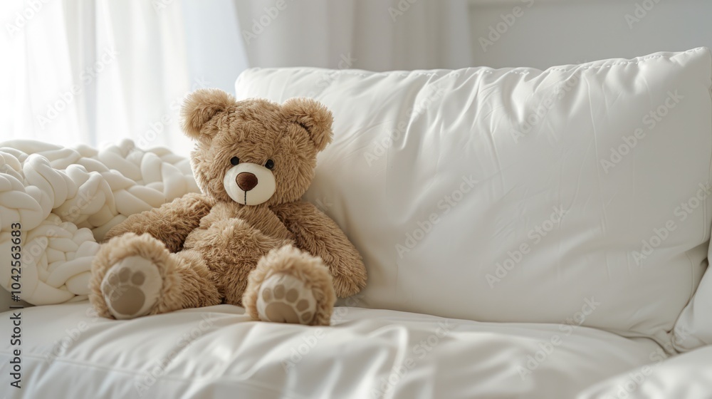 Teddy Bear Sitting on a White Sofa Teddy Bear Sitting on a White Sofa