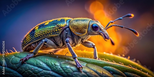 Nighttime close-up reveals the exquisite features of a nocturnal Weevil Mecaspis Bedelii. photo