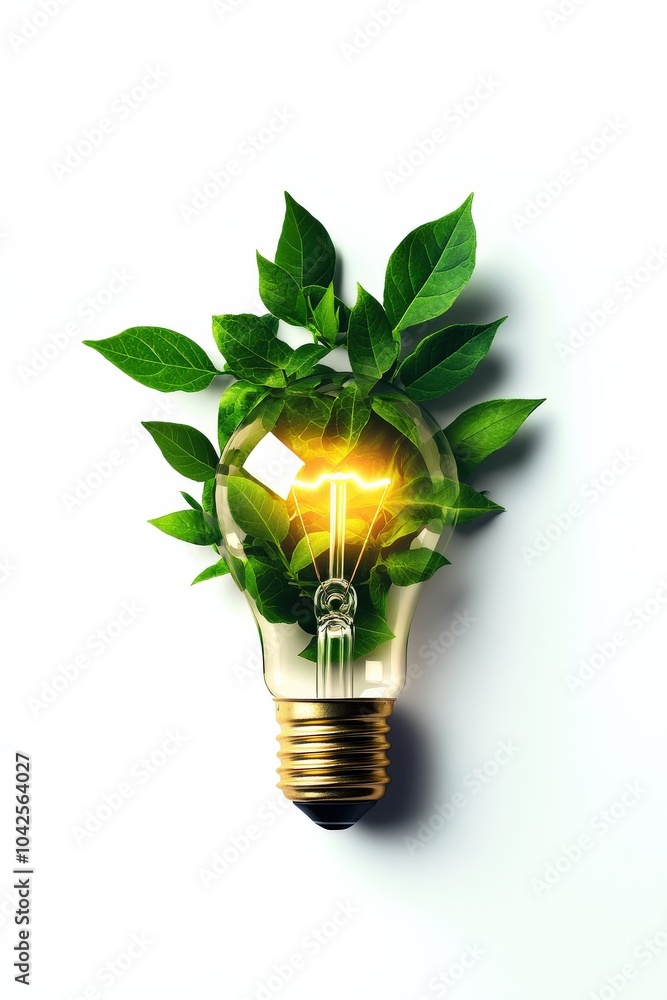 Light bulb filled with green leaves, symbolizing eco-friendly energy solutions. Light bulb filled with green leaves, symbolizing eco-friendly energy solutions.