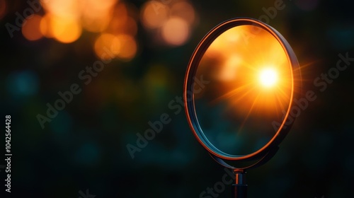 Magnifying glass reflecting sunlight with a bokeh background.