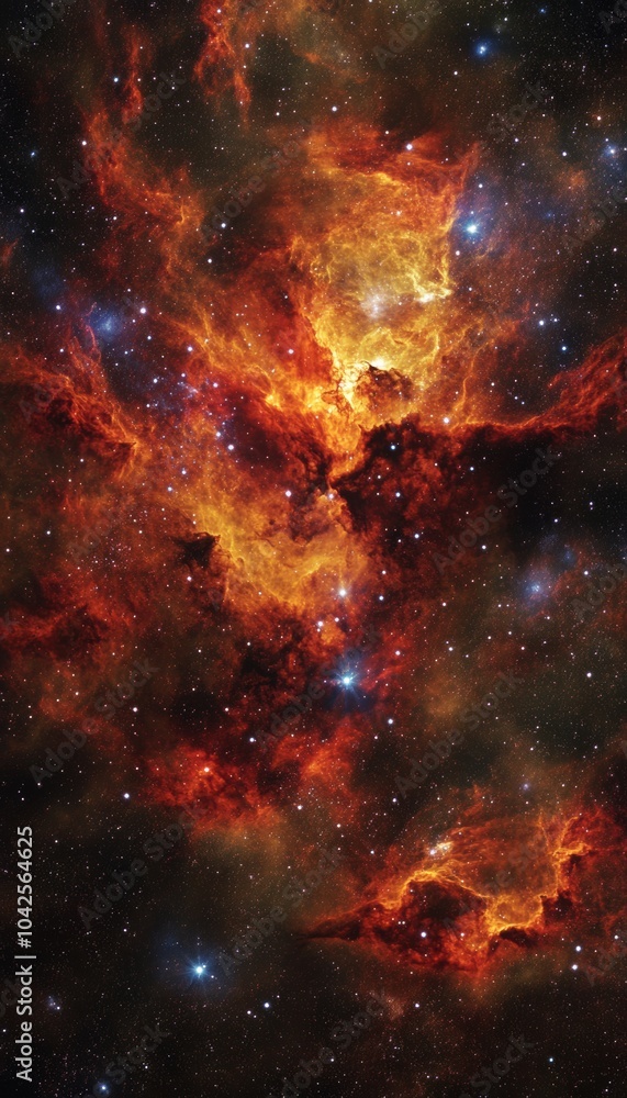 Fototapeta premium A mesmerizing view of a nebula, glowing with fiery orange hues against a backdrop of twinkling stars.