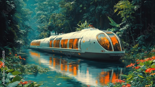 Wallpaper Mural A futuristic train travels through a lush, tropical jungle. Torontodigital.ca