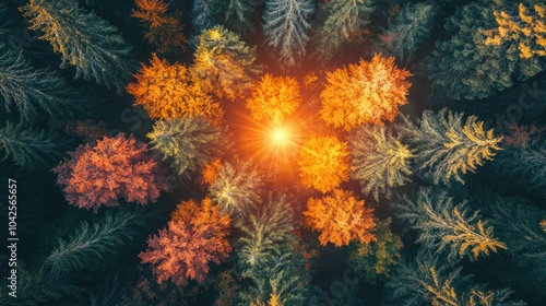 Aerial view of a vibrant autumn forest with a glowing light at the center.