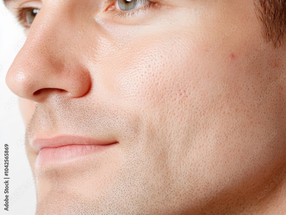 Detailed close-up of male skin, showing improvement from acne scars and redness to even, healthy skin tone, high-resolution detail Detailed close-up of male skin, showing improvement from acne scars and redness to even, healthy skin tone, high-resolution detail