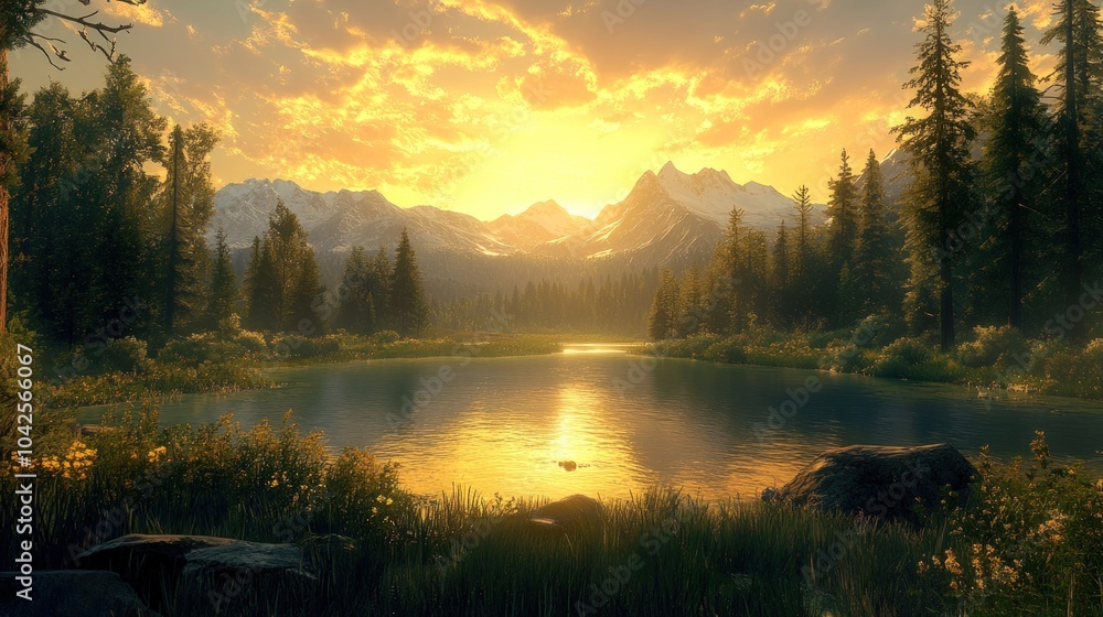 A serene lake nestled amidst a breathtaking mountain range, bathed in the warm glow of a golden sunset. A serene lake nestled amidst a breathtaking mountain range, bathed in the warm glow of a golden sunset.
