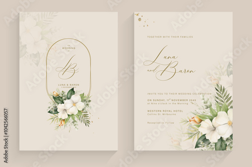 Aesthetic Wedding Invitation Template with Tropical Flower Bouquet Watercolor photo