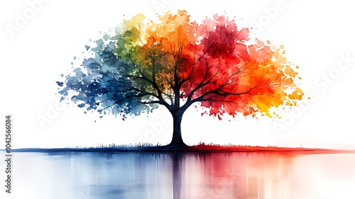 A watercolor painting of a tree with a rainbow of colors, reflecting in a body of water, against a white background.