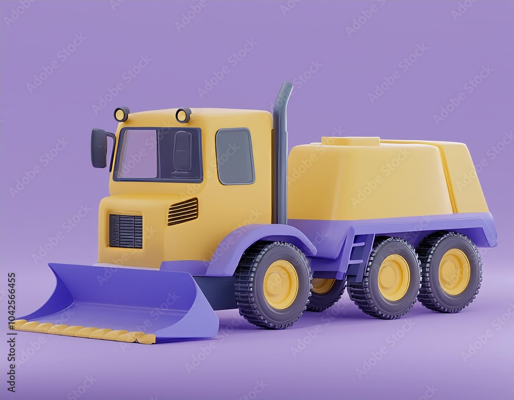 Naklejka premium 3D yellow and purple cartoon construction truck with a plow