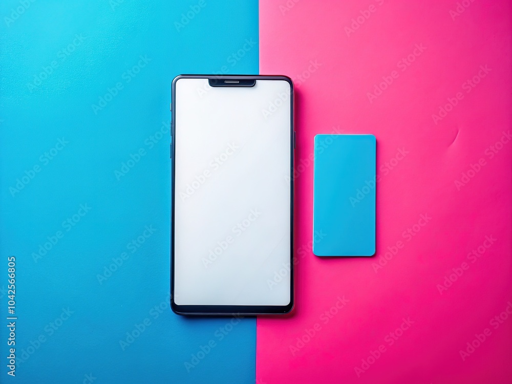 Smartphone and Blank A4 Paper on Blue and Pink Background for Mockup Design Smartphone and Blank A4 Paper on Blue and Pink Background for Mockup Design