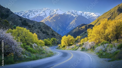 A picturesque mountain road winds through vibrant green hills, dotted with wildflowers. The warm summer light casts soft shadows, highlighting the breathtaking landscape and distant peaks.