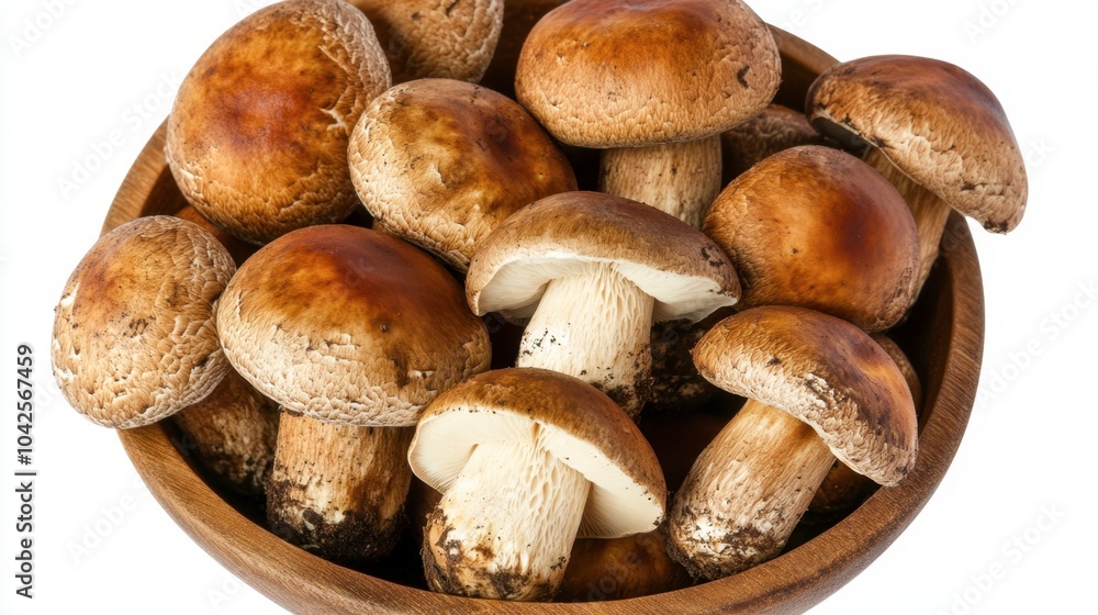 Fresh Porcini Mushrooms in Wooden Bowl Fresh Porcini Mushrooms in Wooden Bowl