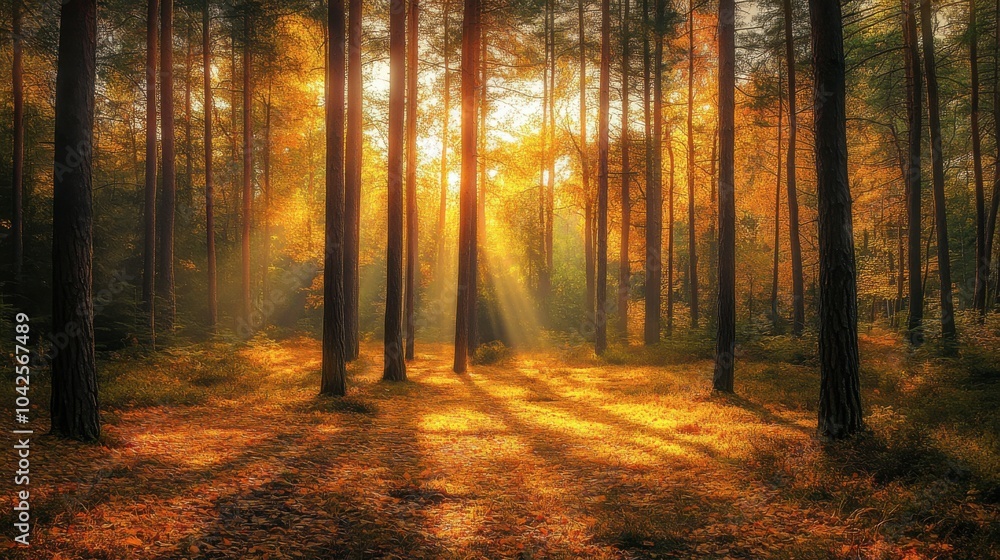 Obraz premium As the sun dips low, golden light filters through the tall pines, illuminating a carpet of golden leaves and casting enchanting shadows across the serene forest floor.