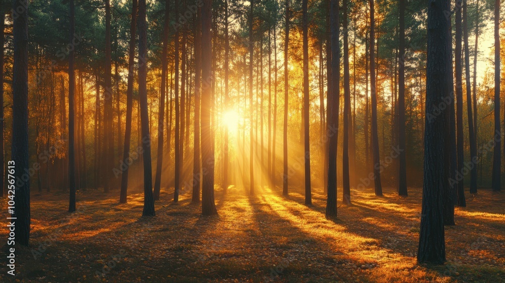 Obraz premium As the sun dips low, golden light filters through the tall pines, illuminating a carpet of golden leaves and casting enchanting shadows across the serene forest floor.