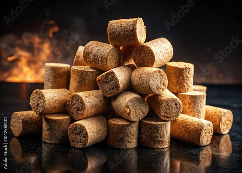 Sustainable Fuel: Wood Sawdust Briquettes on Black Background