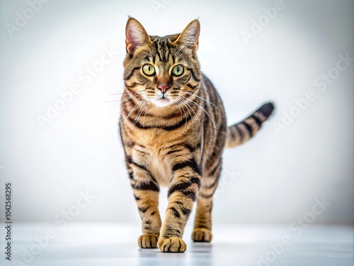 Tabby Cat Side View Walking on White Background - AI Generated Photo