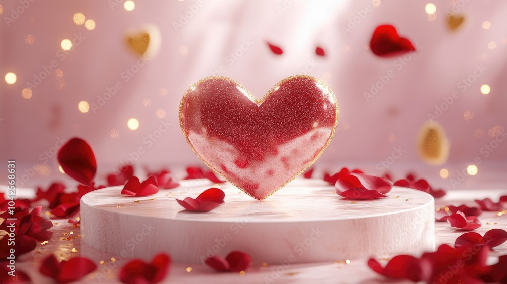 Romantic heart-shaped podium, surrounded by red rose petals and golden sparkles, set on a dreamy pink backdrop for Valentine's Day Romantic heart-shaped podium, surrounded by red rose petals and golden sparkles, set on a dreamy pink backdrop for Valentine's Day