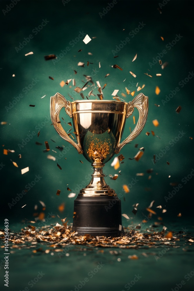 Sport cup trophy cinematic light. Gold cup on green background for national or sport even organization competition. Award and victory concept. Sport cup trophy cinematic light. Gold cup on green background for national or sport even organization competition. Award and victory concept.