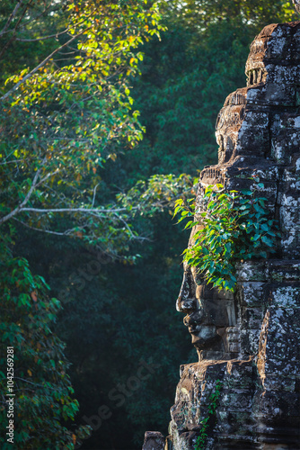 Ancient stone face of Bayon temple, Angkor, Cambodia with growing plants