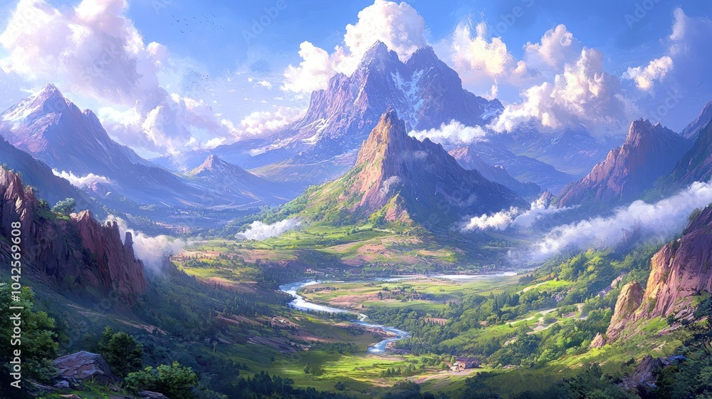 Fototapeta premium Majestic mountain range with a winding river flowing through a lush valley.