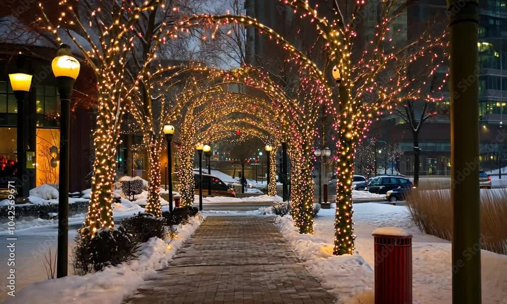 Snowy Pathway Decorated with Christmas Lights Snowy Pathway Decorated with Christmas Lights