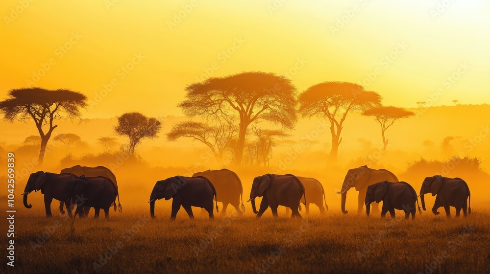 Fototapeta premium Silhouetted herd of elephants walking through the golden light of an African sunset, acacia trees standing tall in the distance