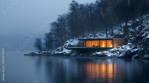 Serene lakeside cabin illum...